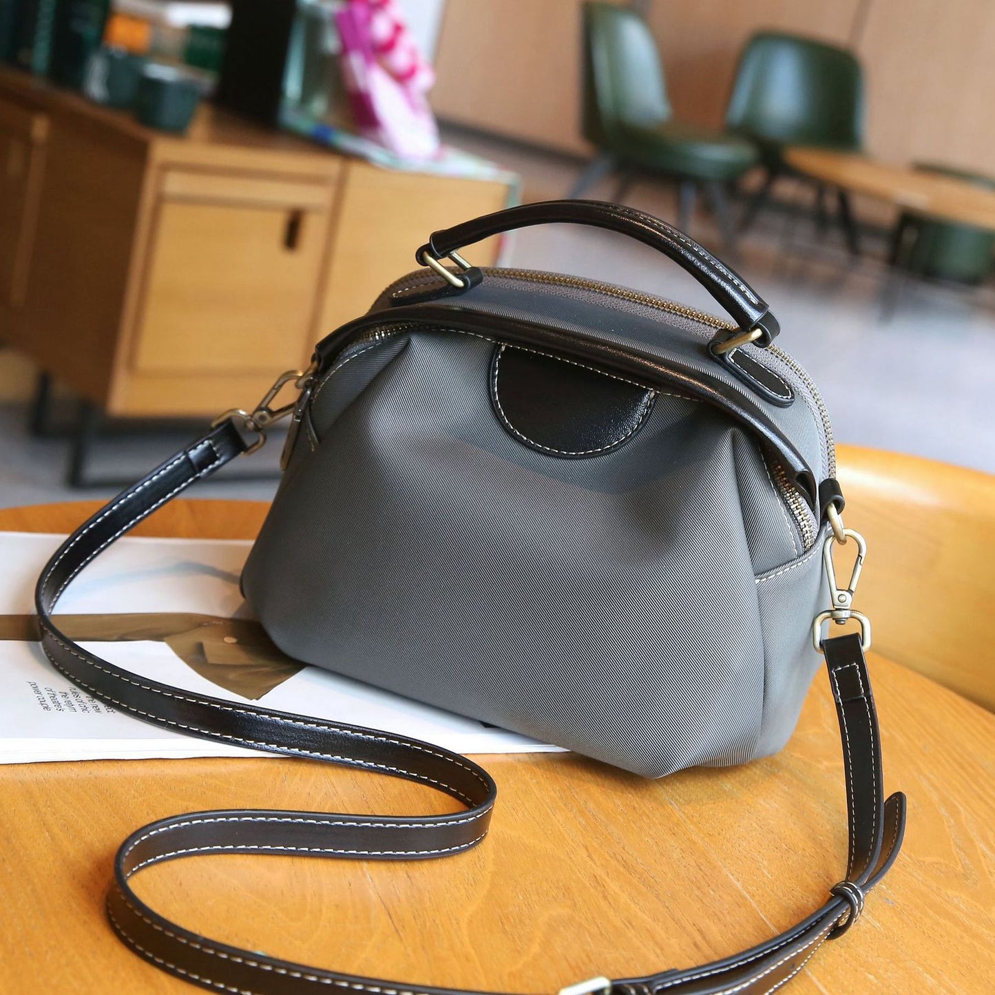 Women's Cloth With Leather Double Zipper Large Handbags