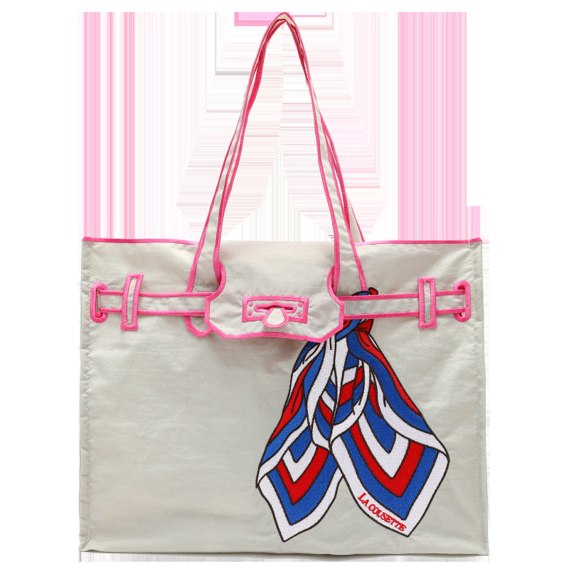 Embroidered Bow Ribbon Shopping Nylon Portable Tote Bag