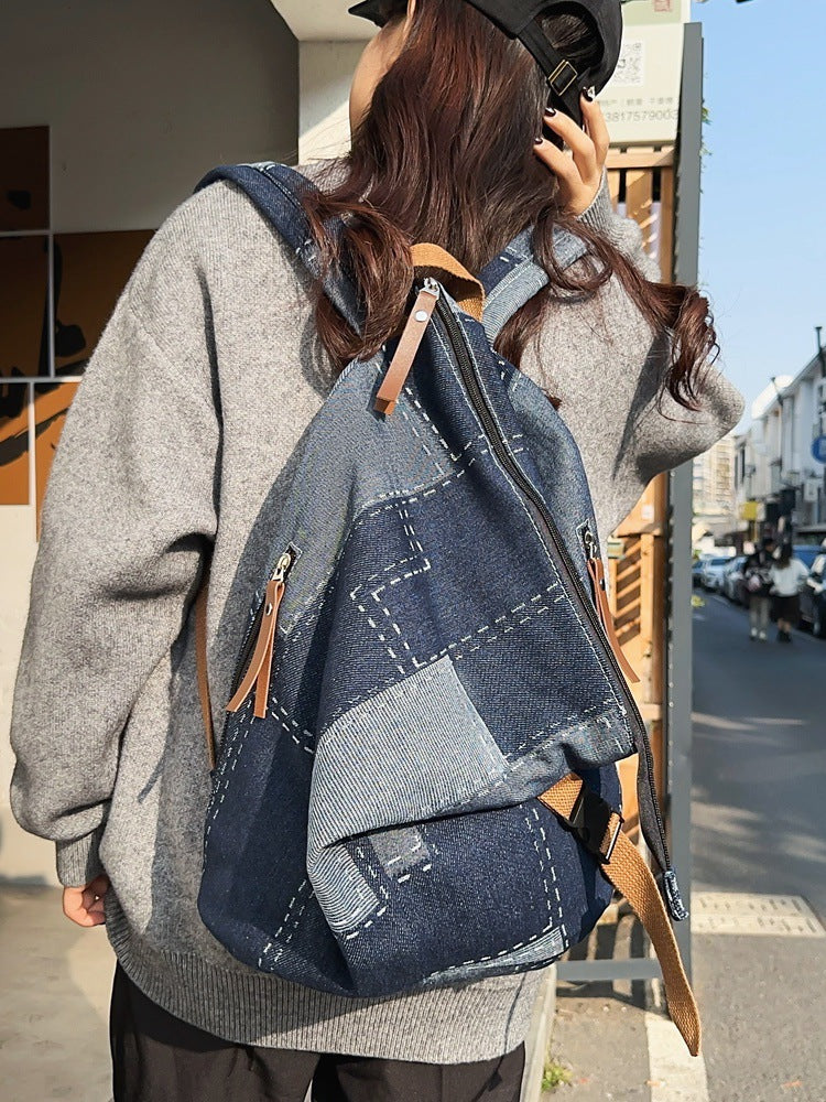 Personality Folding Denim Contrast Color Large Capacity Korean Style Backpacks