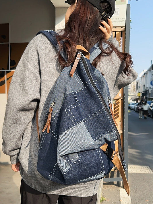 Personality Folding Denim Contrast Color Large Capacity Korean Style Backpacks