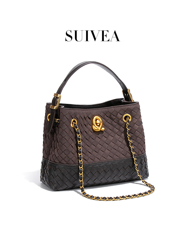 Women's Retro Woven Hand Holding Frosted One Bucket Bags