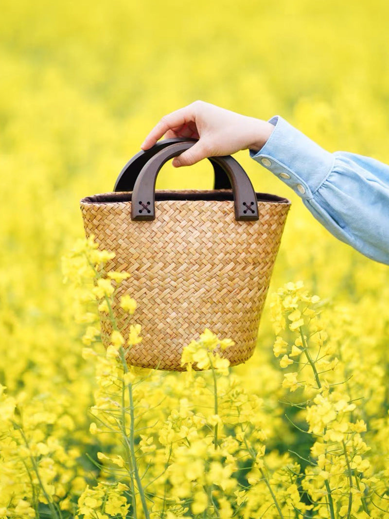 Women's Straw Rattan Woven Art National Style Portable Bucket Bags