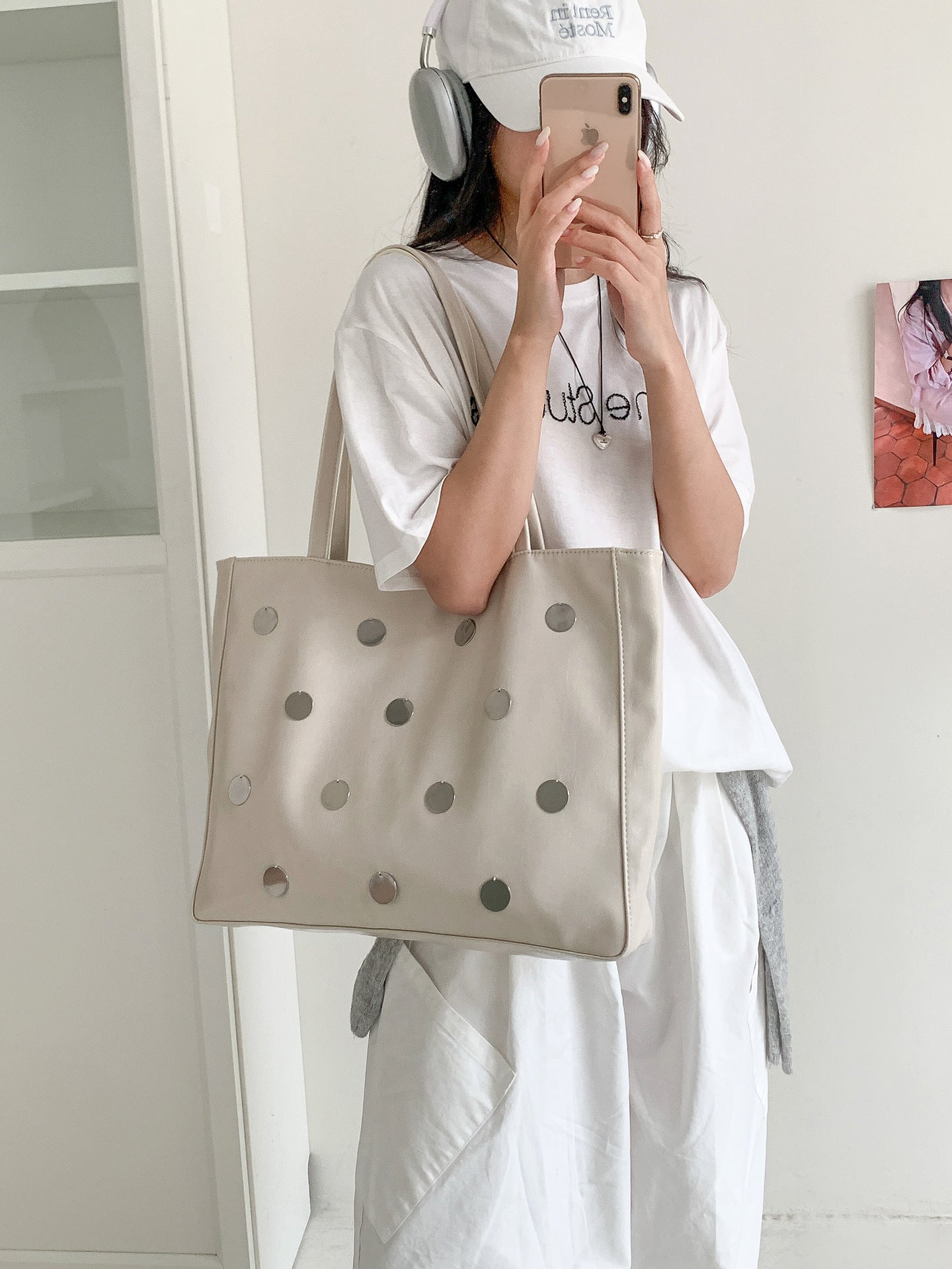 Metal Polka Dot Soft Leather Large Capacity Female Women's Shoulder Bag