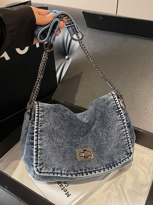 Trendy Denim Versatile Chain Large Capacity Handbags