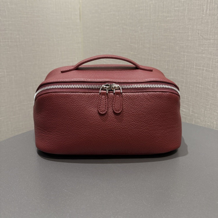 Simple High-grade First Layer Cowhide Texture Leather Portable Toiletry Large Cosmetic Bags