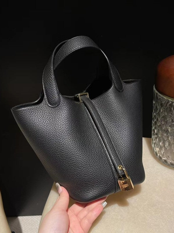 Women's Pattern Cowhide Vegetable Basket Portable High-grade Genuine Bucket Bag