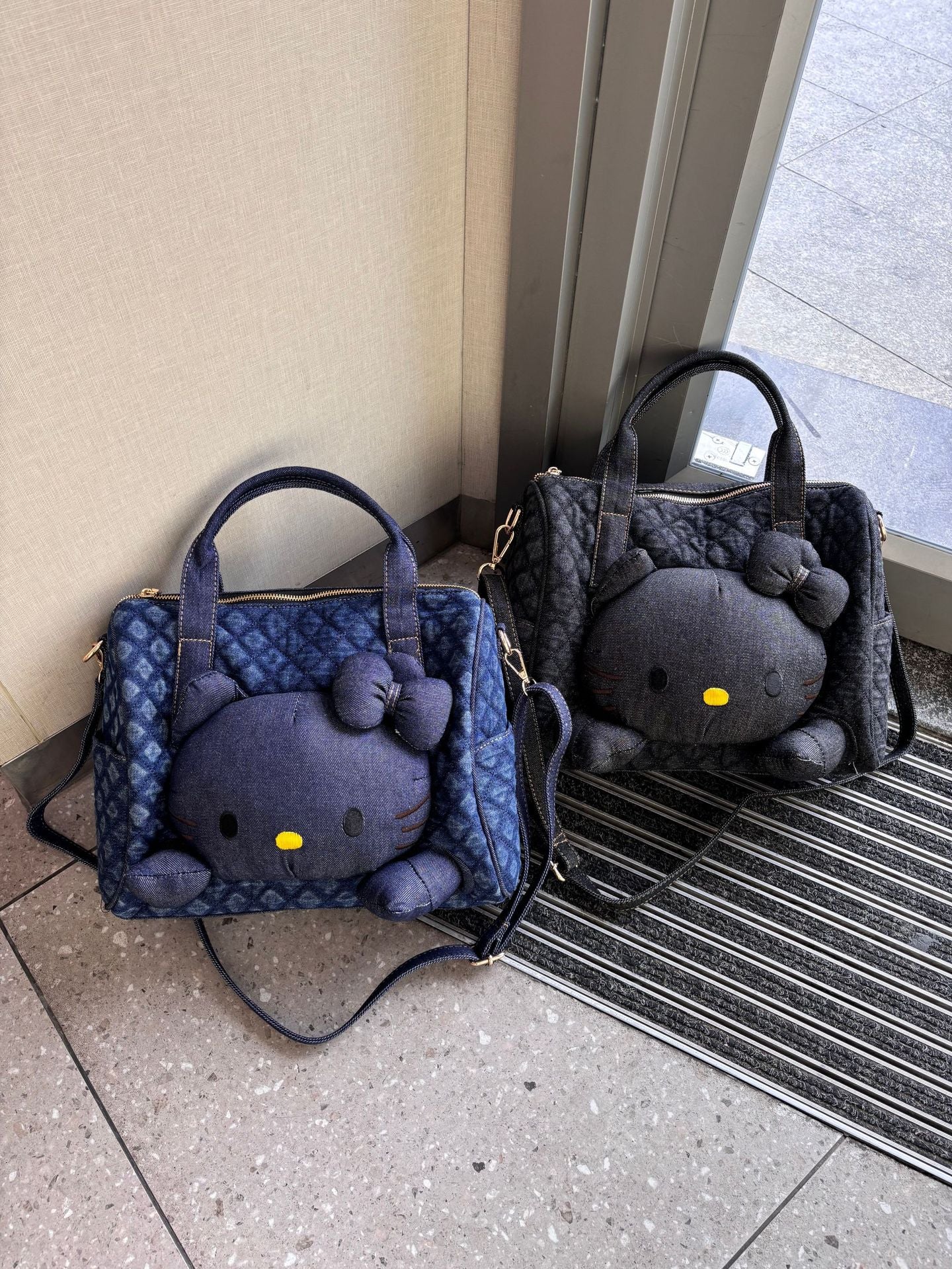 Style Black Leather Cat Rhombus Pillow Denim Personalized Doll Women's Shoulder Bag