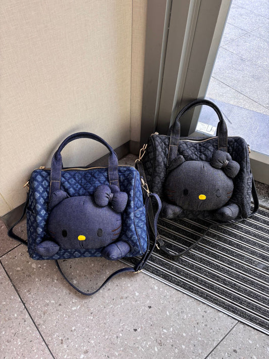 Style Black Leather Cat Rhombus Pillow Denim Personalized Doll Women's Shoulder Bag