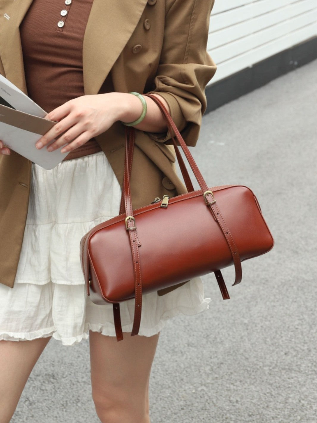 Women's First Layer Cowhide Niche Vegetable Tanned Leather Genuine Bowling Simple Bags