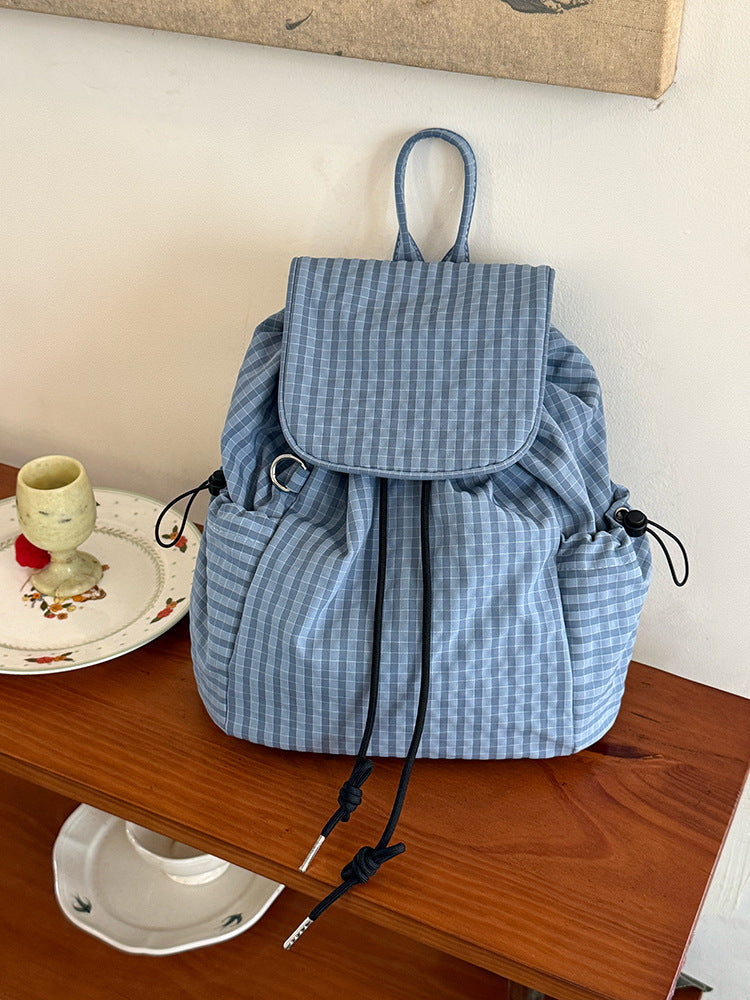 Women's Korean Style Plaid Drawstring Large Capacity Commuter Backpacks