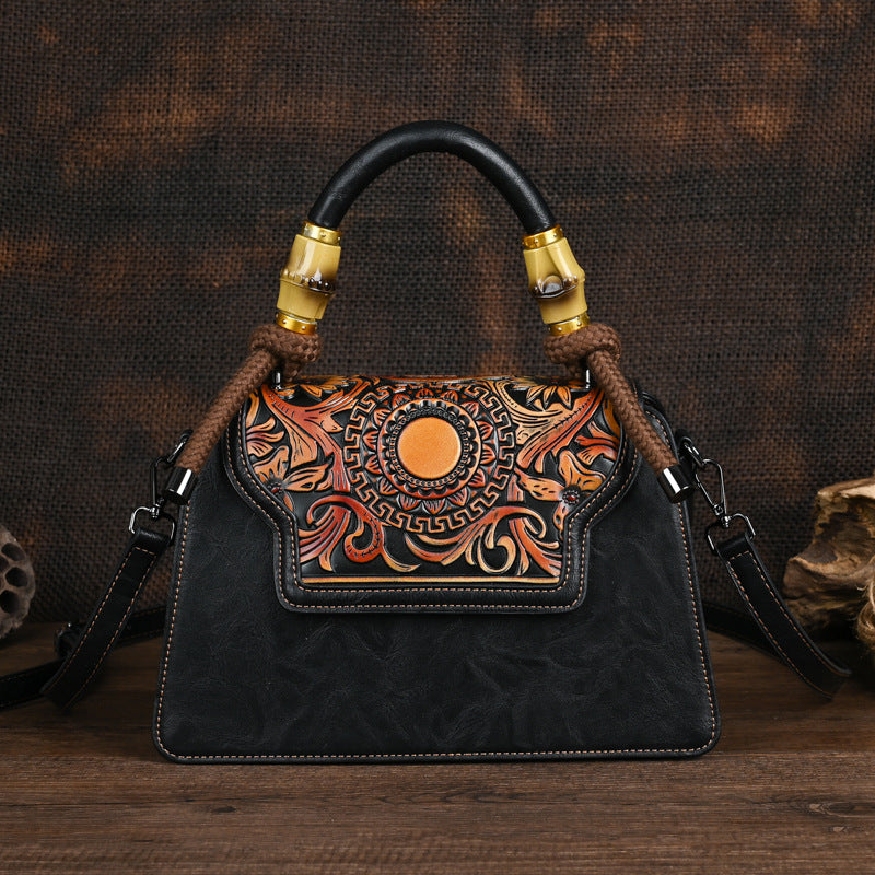 Women's Retro Artistic Style Underarm Bamboo Hemp Rope Hand-held Embossing Brush-off Bags
