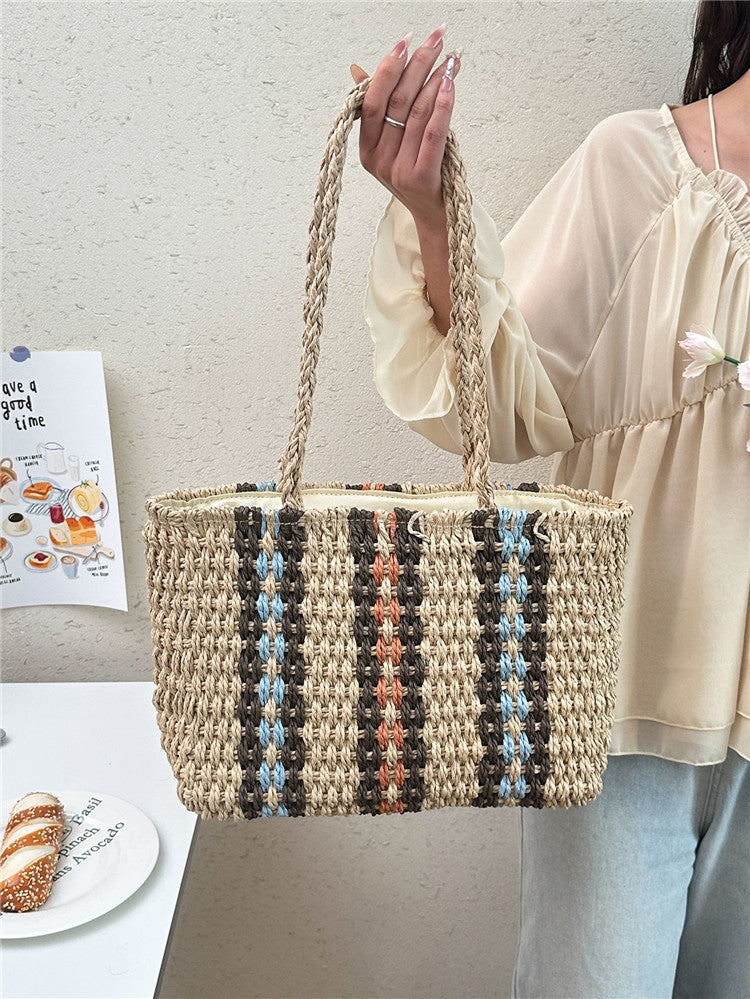 Women's Portable Striped Paper String Straw Fashion Woven Fresh Bags