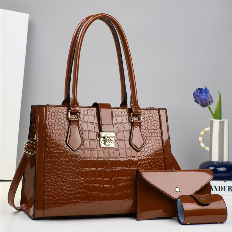 Three-piece Large Capacity Bright Leather Crocodile Women's Handbag