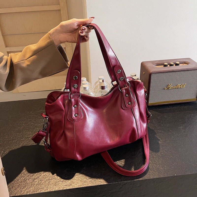 Retro Solid Color Large Capacity Soft Leather Tote Bags