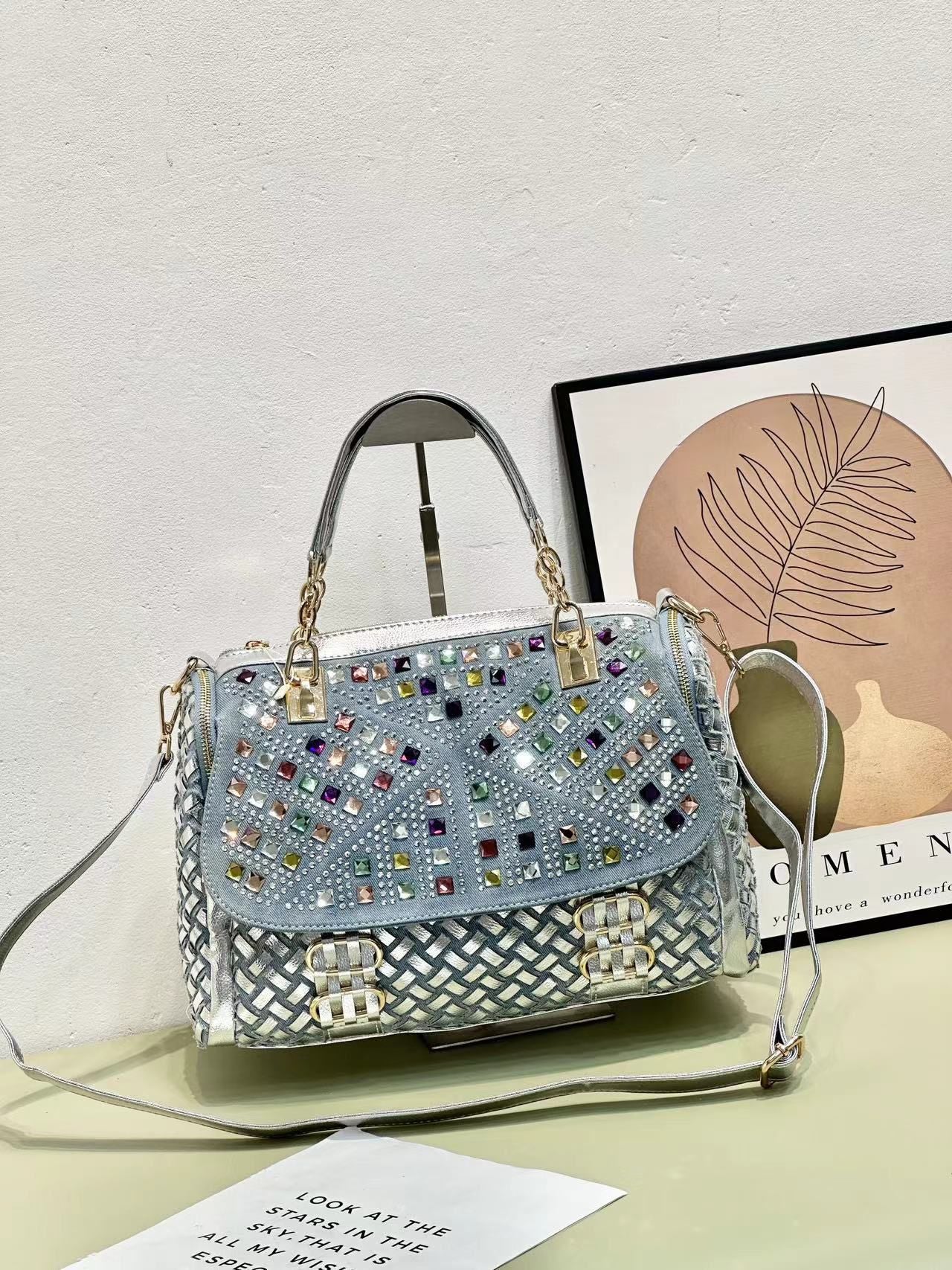Women's Hot Colorful Crystals Denim Diamond Woven Large Capacity Bags