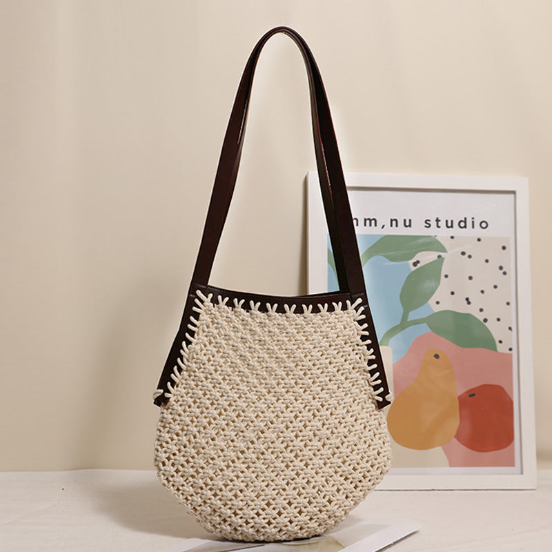 Fashion Geometric Straw Niche Stitching Hollow Woven Women's Shoulder Bag