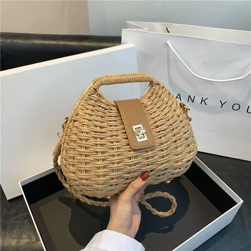 Iron Frame Shell Straw Solid Color Woven Seaside Vacation High Bags
