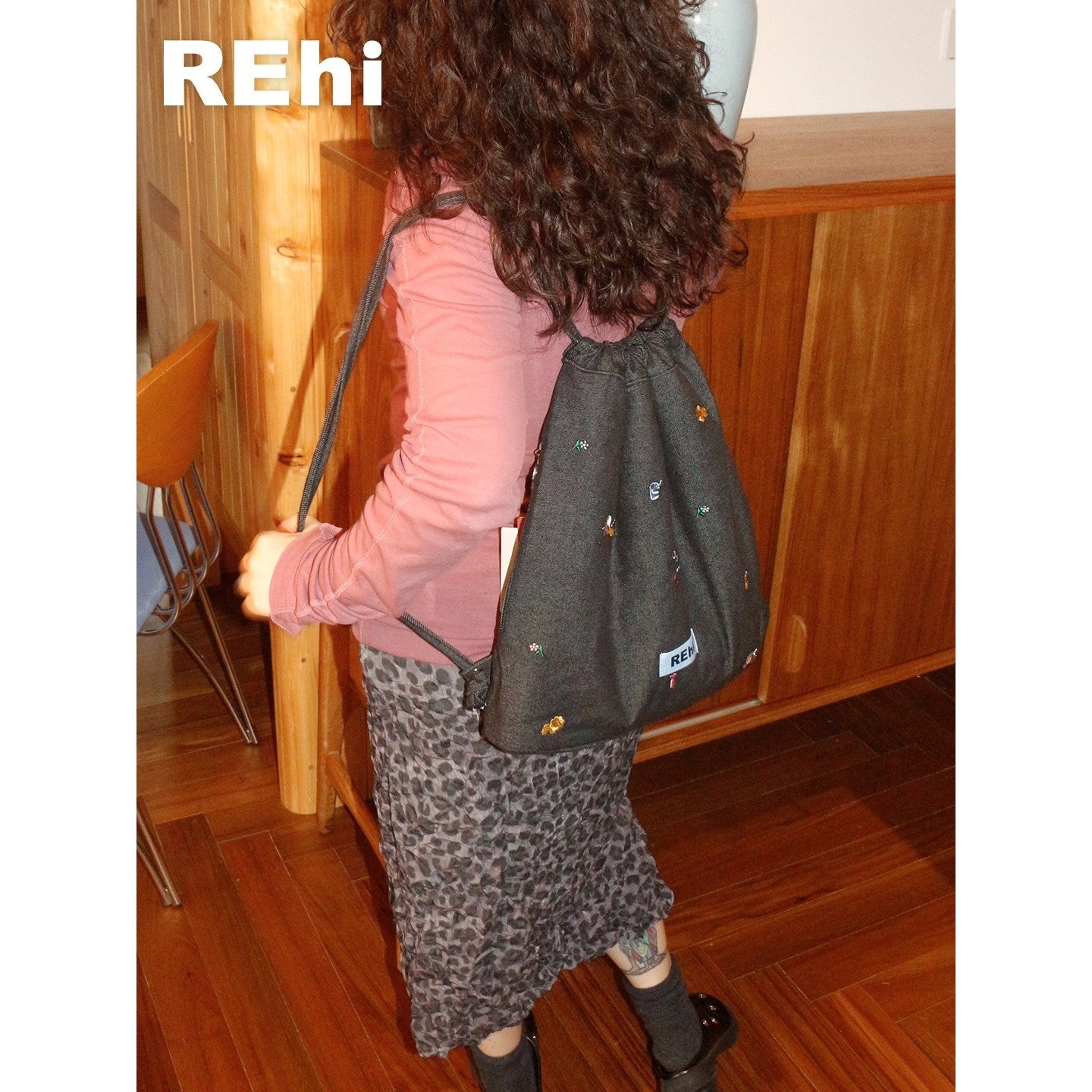 Forest Party Funny Embroidery Denim Drawstring Backpacks