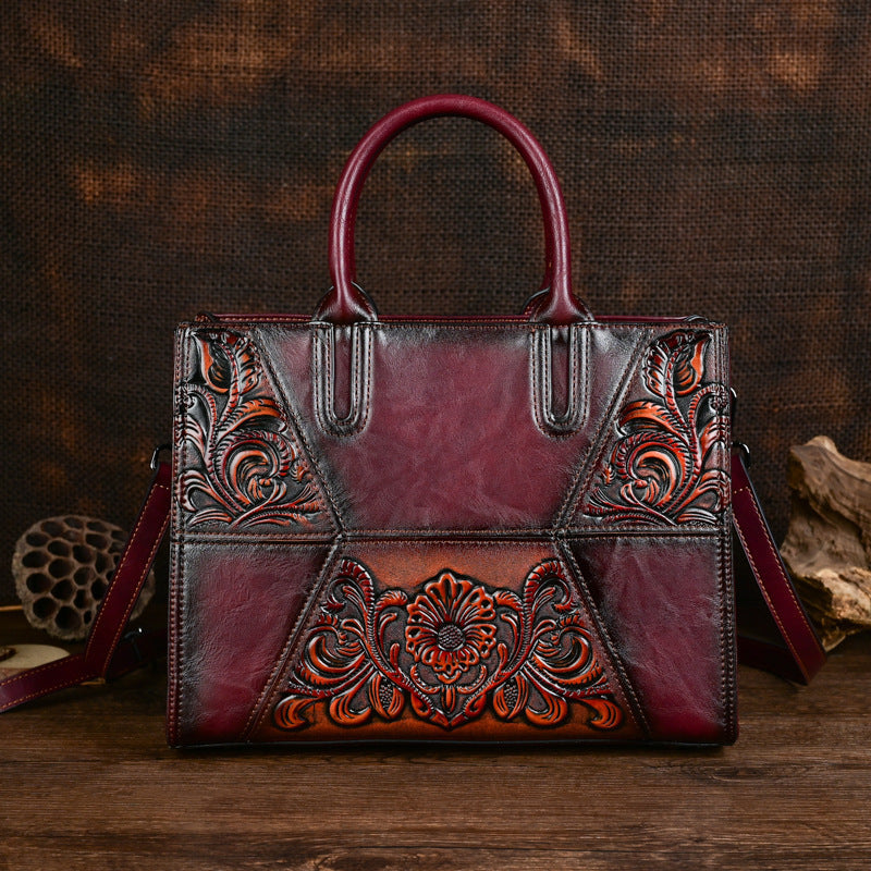 Women's Retro Patchwork Chinese Style Artistic Handmade Leather Carving Texture Women's Handbag