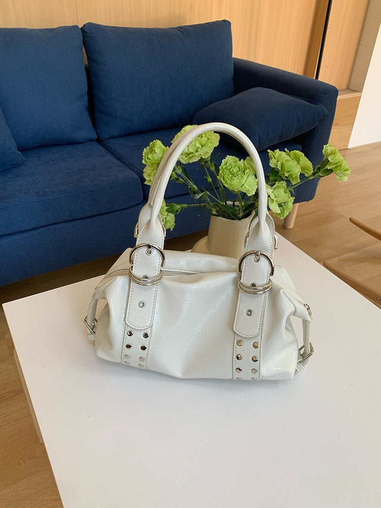 Women's Spring Retro Metal American Soft Leather Boston Portable Women's Handbag