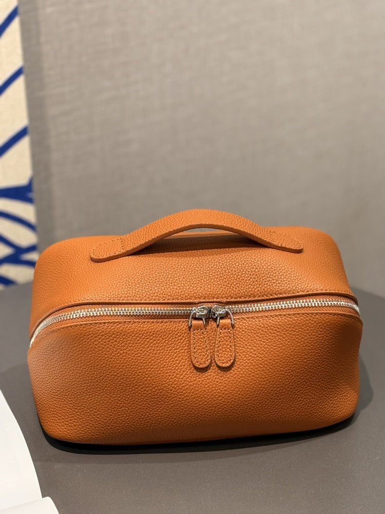 Simple High-grade First Layer Cowhide Texture Leather Portable Toiletry Large Cosmetic Bags