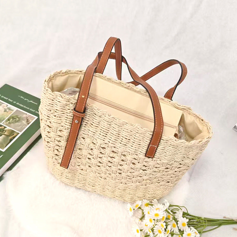 Women's Capacity Straw Summer Seaside Vacation Leisure Simple Support Flower Women's Shoulder Bag
