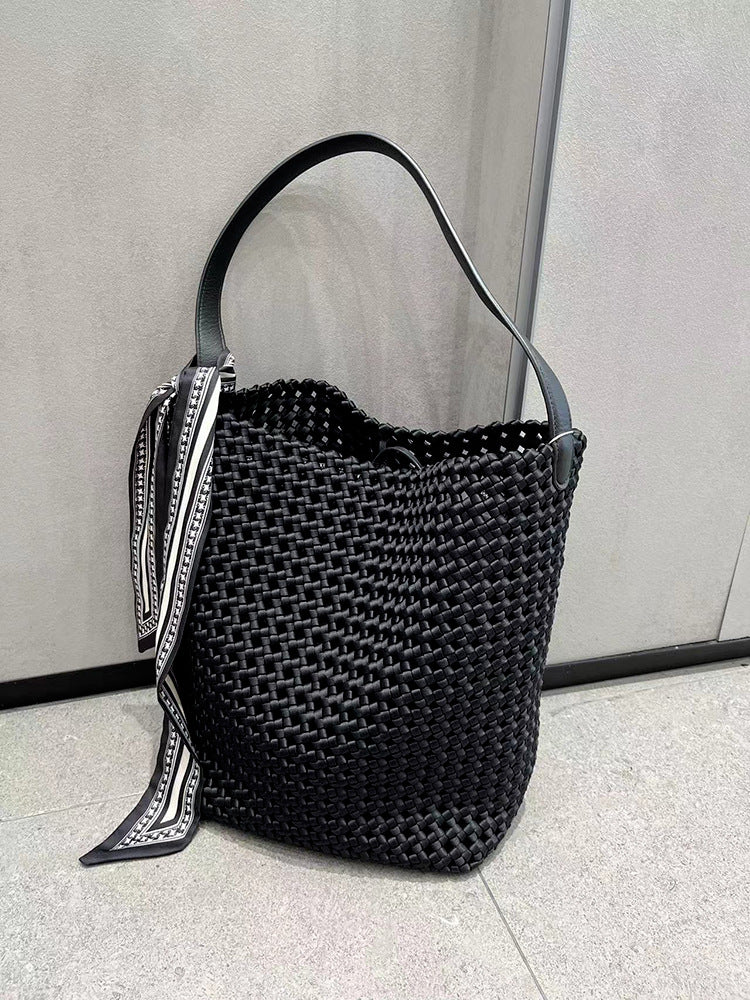 Capacity Nylon Cloth Hand-woven Underarm Hollow Bucket Bags