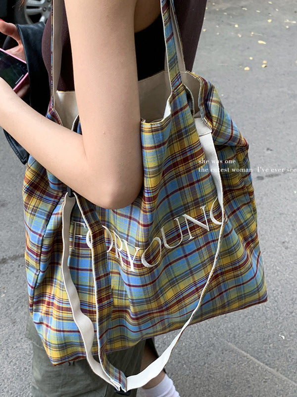 Women's Underarm For Simple Checked Canvas Tote Bags