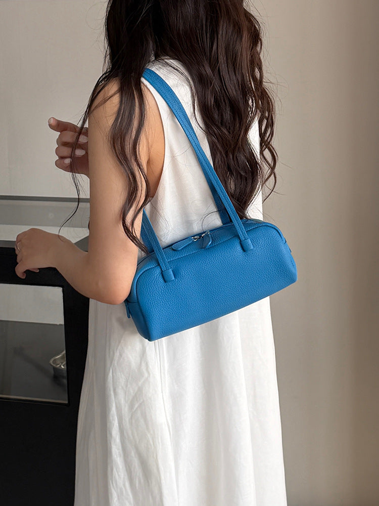 Women's Bowling Genuine Leather Baguette Underarm Niche First Layer Cowhide Women's Shoulder Bag