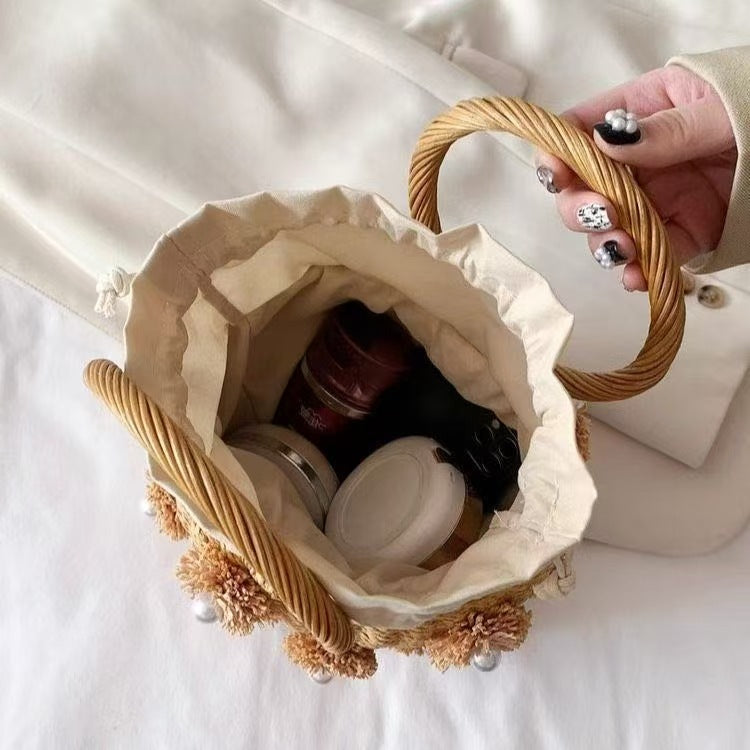 Women's Straw Artificial Pearl Decorative Portable Basket Woven Tote Bag