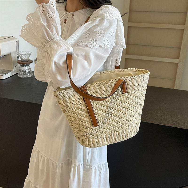 Women's Seaside Beach Summer Woven Niche Straw Tote Bag