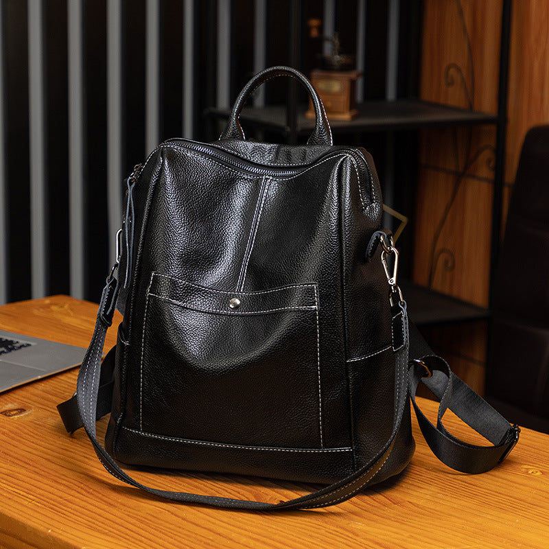 Women's Black Soft Leather Spring Versatile Large Capacity Bags