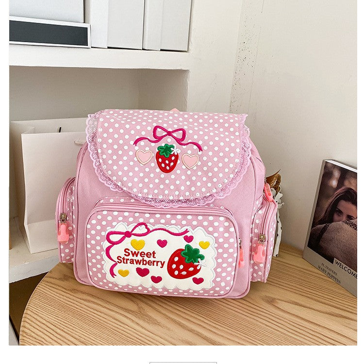 Women's Soft Sweet Lady Cute Embroidered Fruit Strawberry Lace Backpacks