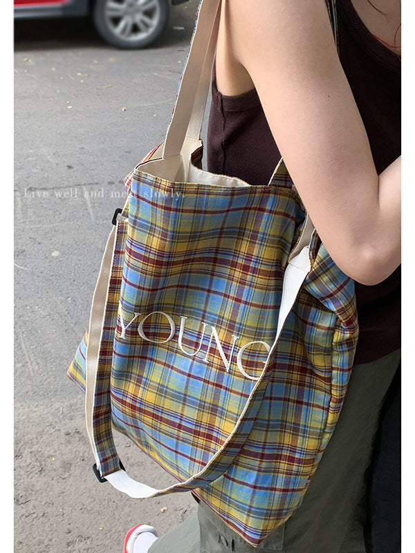 Women's Underarm For Simple Checked Canvas Tote Bags