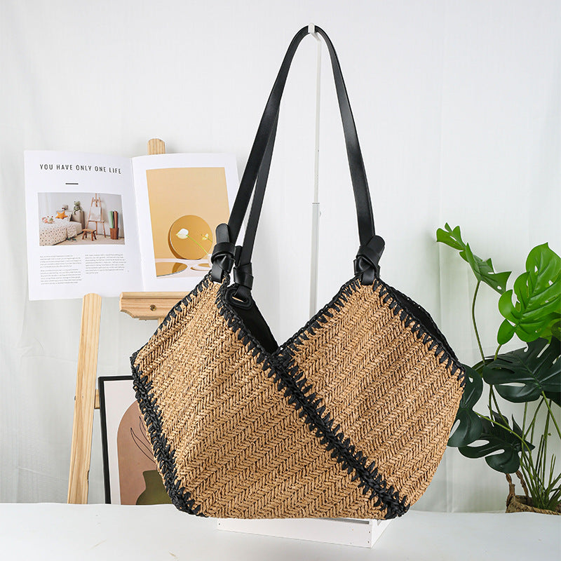 Niche Geometric Straw Fashion Color Contrast Large Capacity Woven Women's Handbag