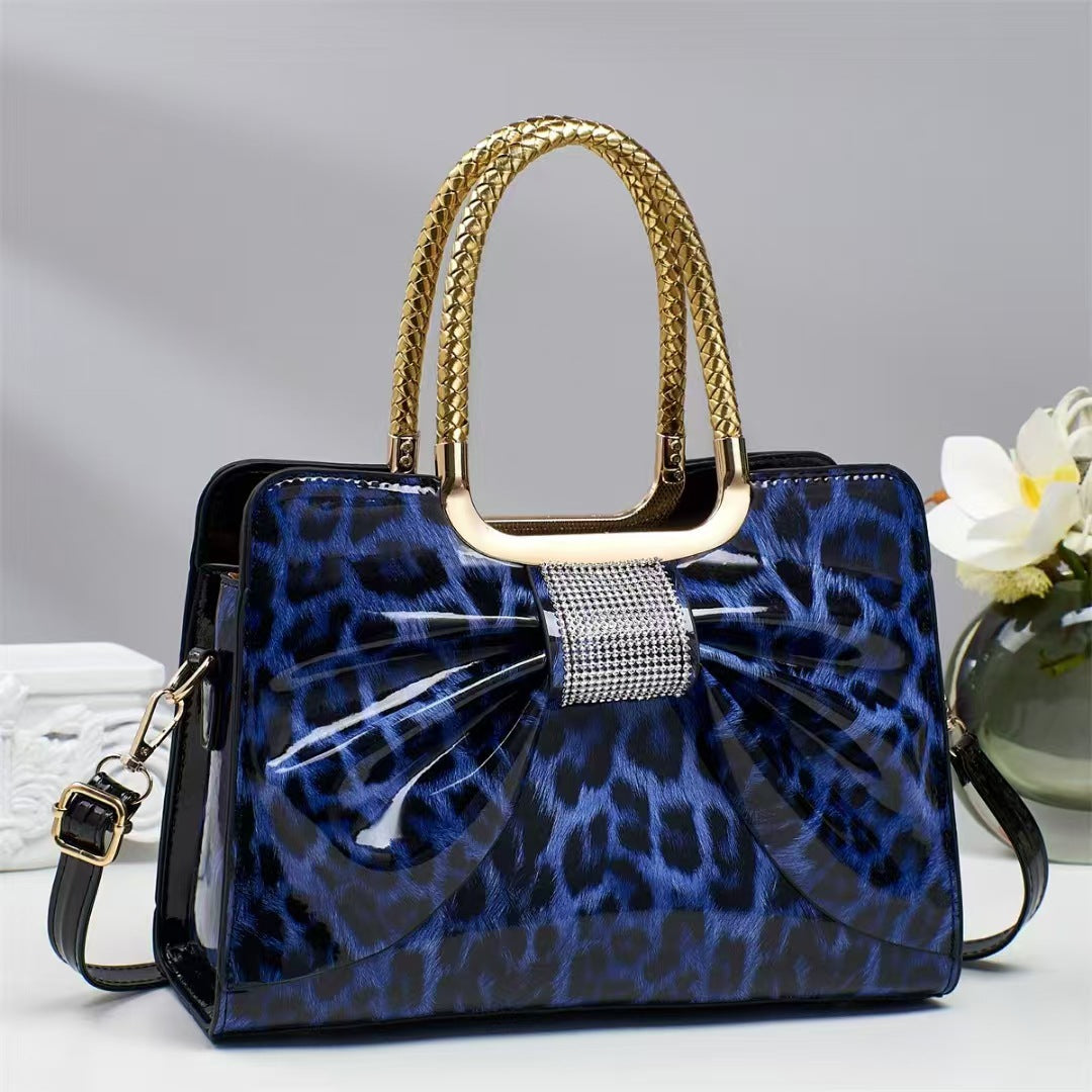 Women's Leather Glossy Portable Rhinestone Fashion Temperament Leopard Women's Handbag
