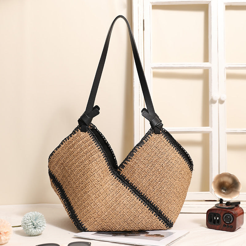 Fashion Black Edge Straw French Large Capacity Women's Shoulder Bag