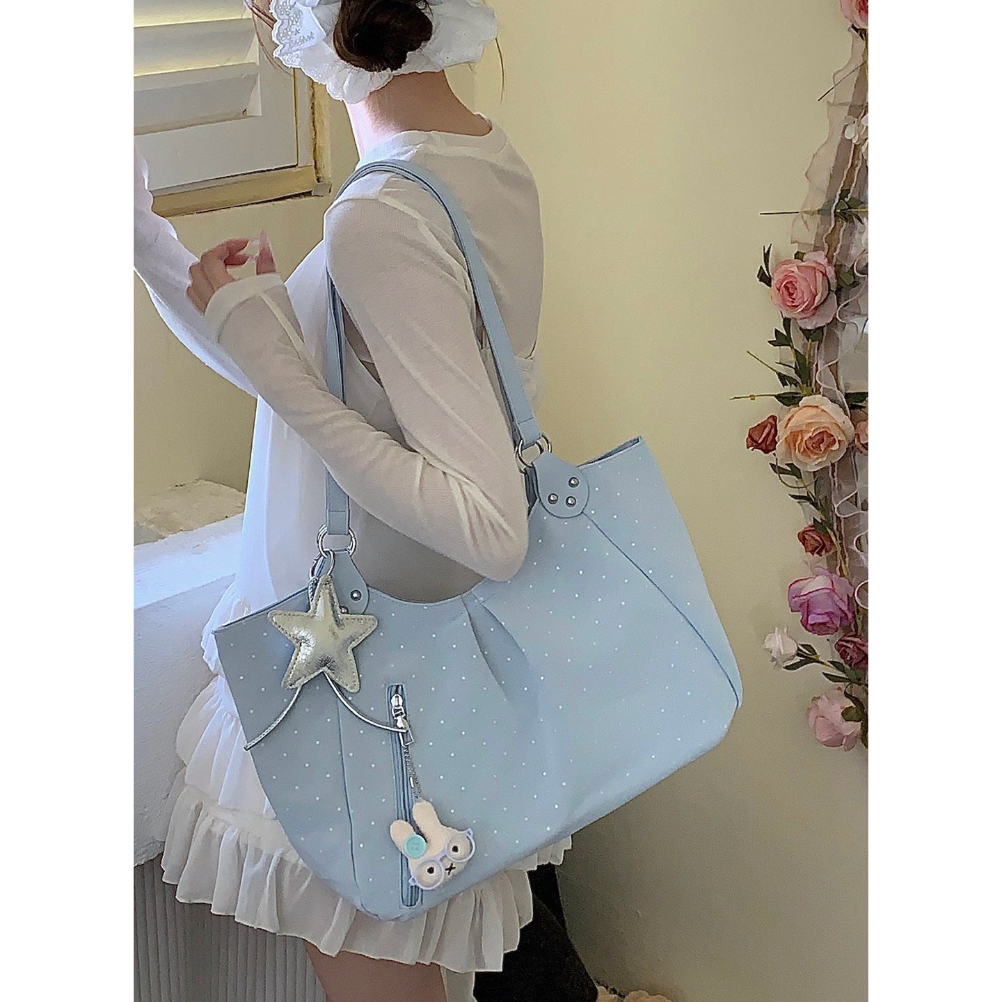 Women's Korean Underarm Polka Dot Printed Commuter Tote Bag