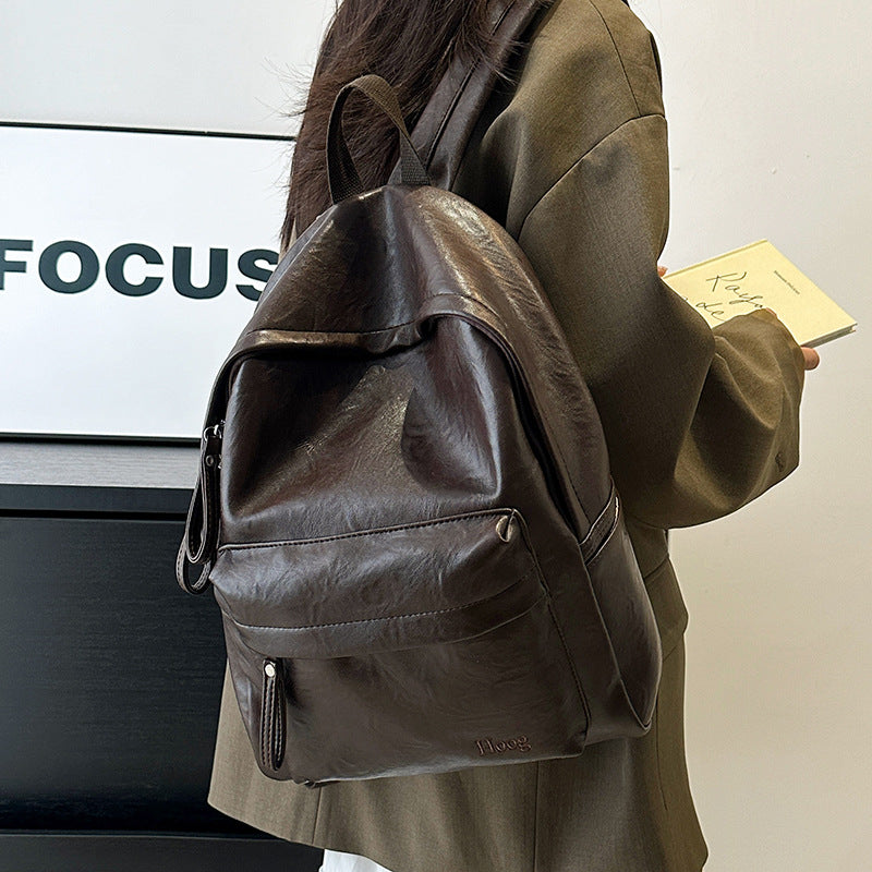 Female Brown Simple Large Capacity Business Computer Leather Women's Backpack
