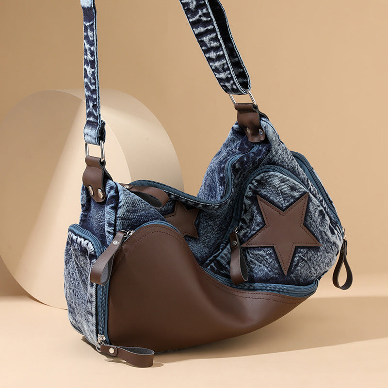 Women's Denim Fashion Stitching Large Capacity Simple Shoulder Bags