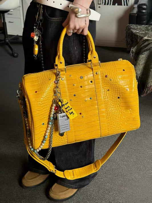 Women's & Men's Leather Pattern Colorful Crystals Gem Niche American Street Trendy Portable Tote Bag