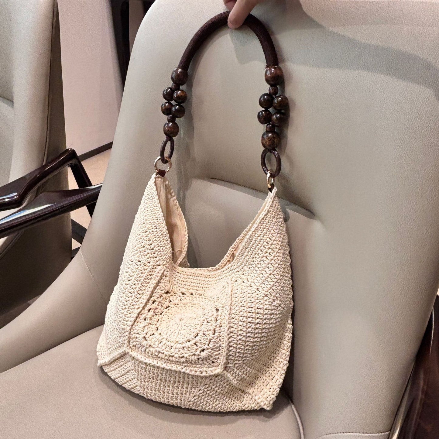 Women's Cotton Crochet Underarm High-grade Chinese Beads Vacation Simple Women's Shoulder Bag