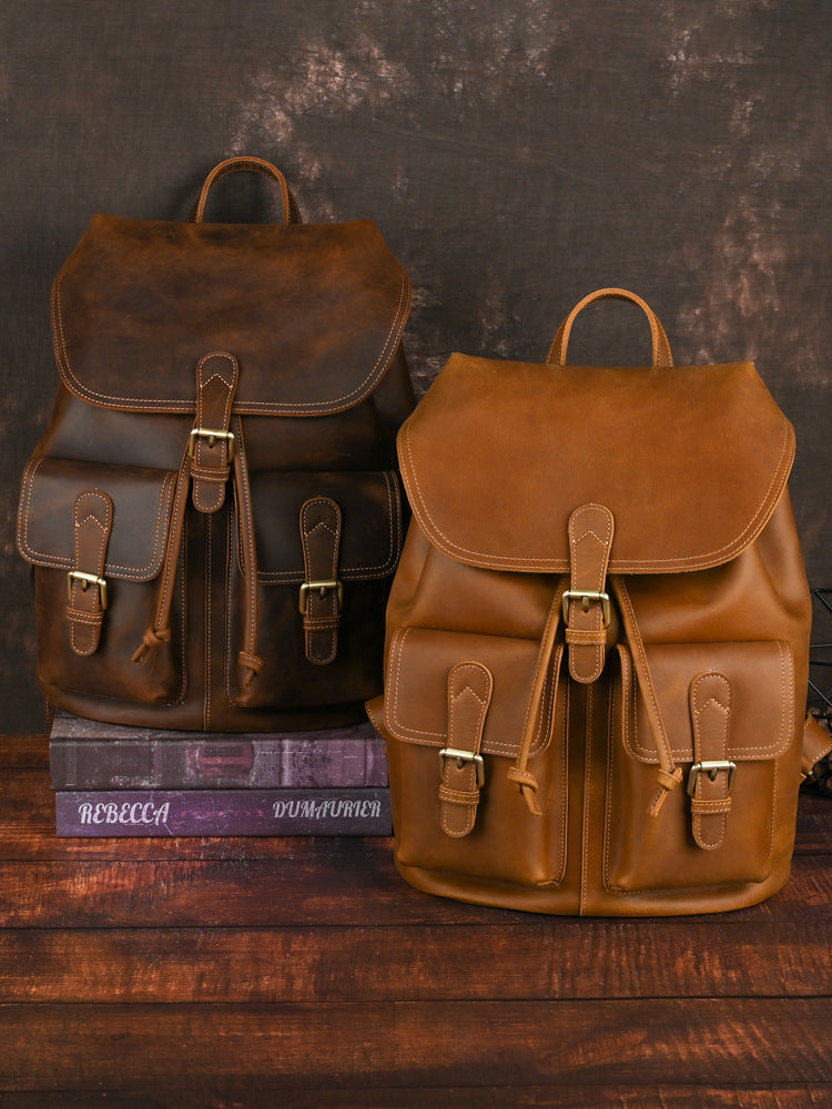 Men's Leather Vintage Distressed Top Layer Cowhide Large Business Backpack
