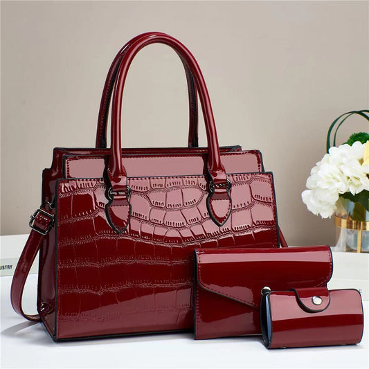 Temperament Fashion Bright Leather Three-piece Set Elegant Large Women's Handbag