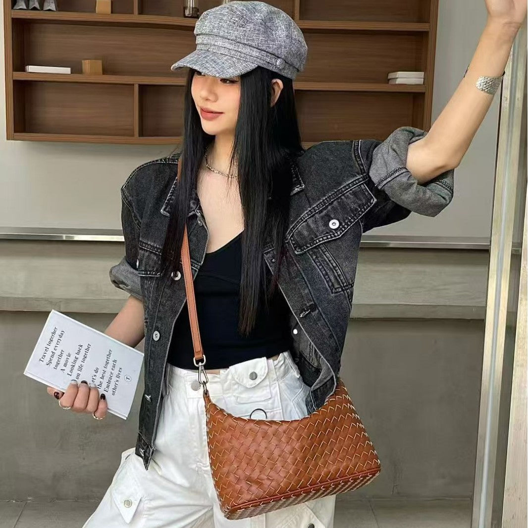Women's Genuine Leather Soft Woven Lunch Box High-grade Underarm Bag