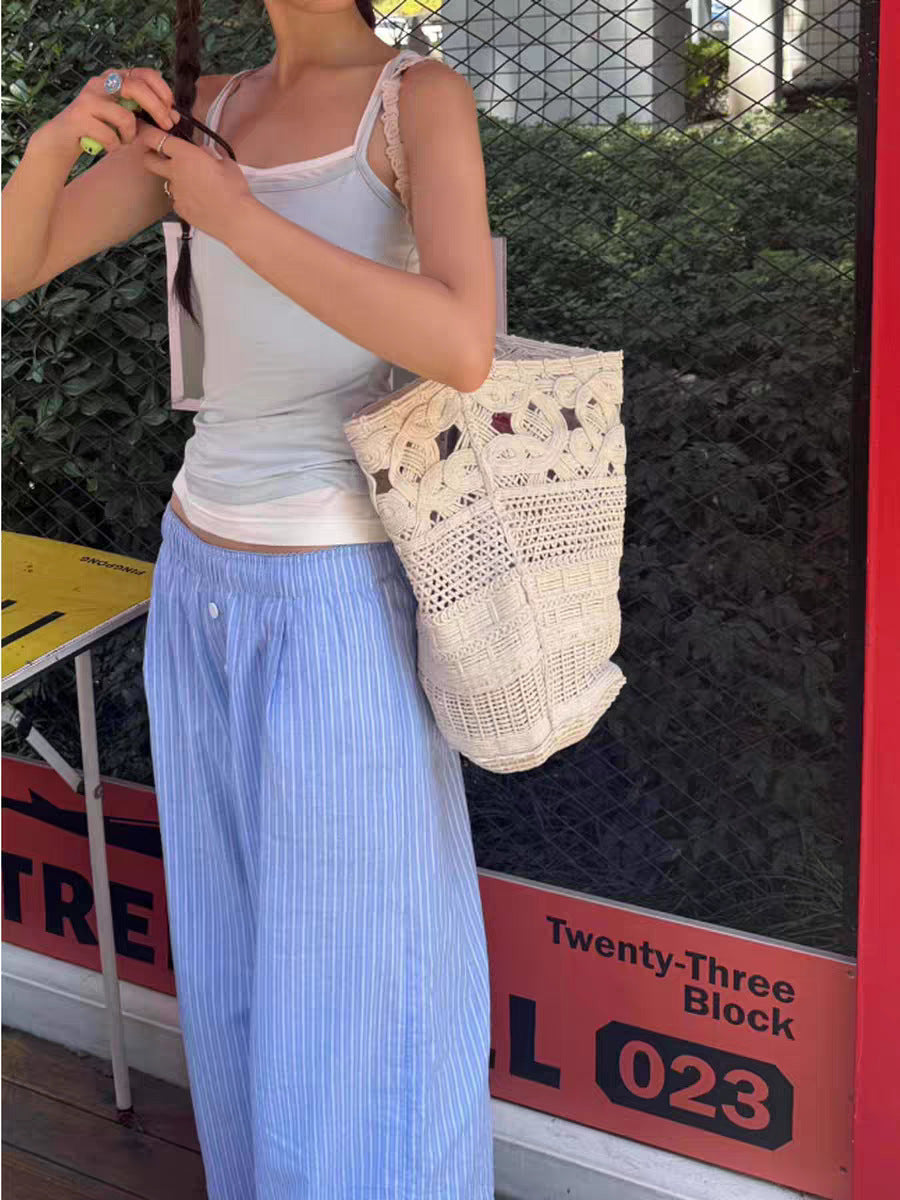 Women's Handmade Crocheted Island Cotton Hollow Large Capacity Leisure Seaside Vacation Shoulder Bags