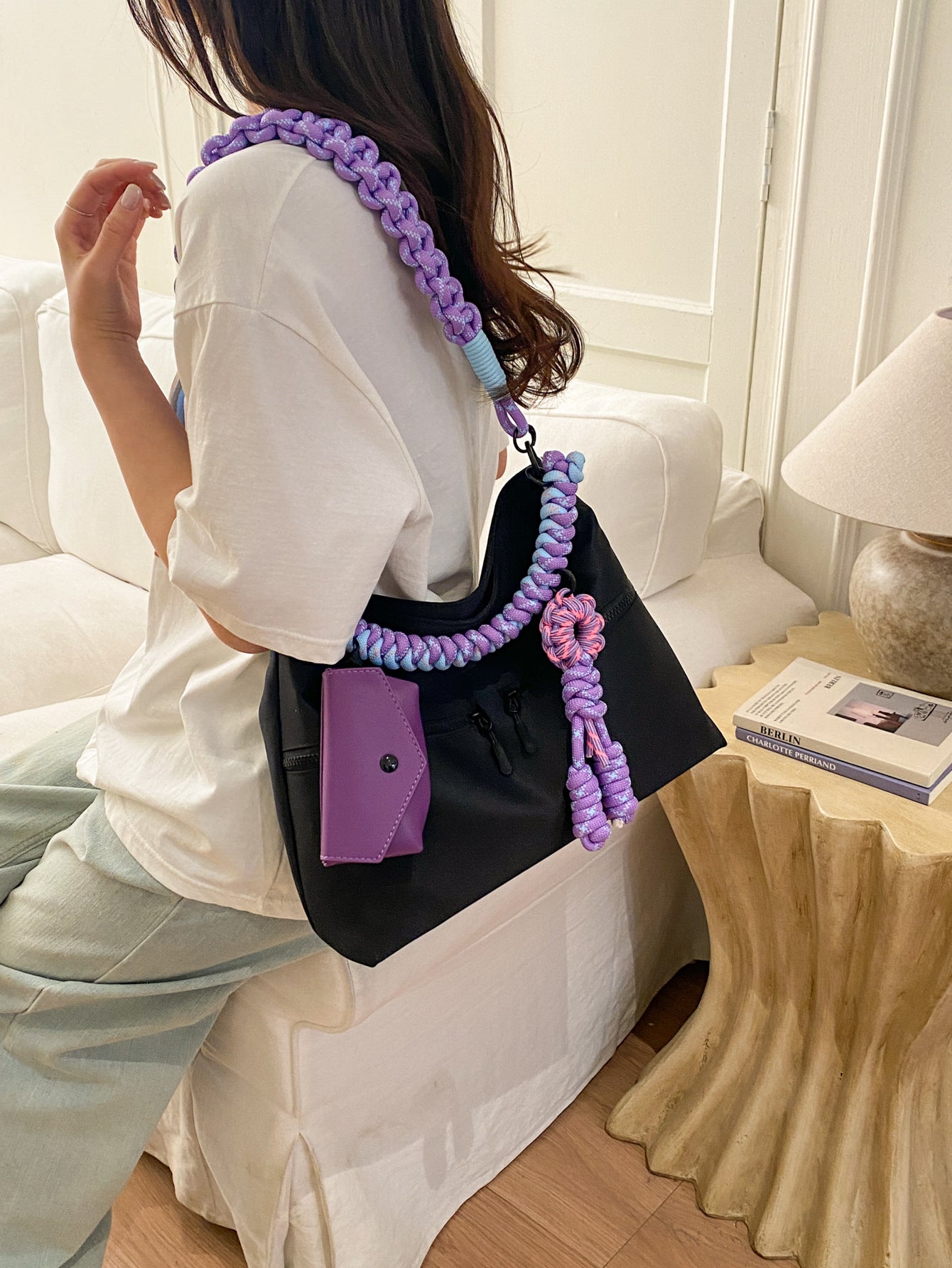Purple Tone Braided Rope Commute Leisure Blue Contrast Women's Messenger Bag