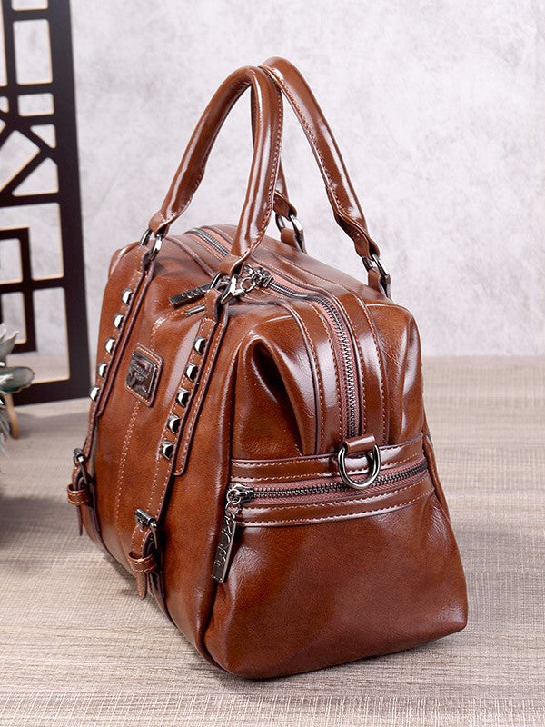 Women's Fashion Retro Portable Oil Waxed Leather Women's Handbag