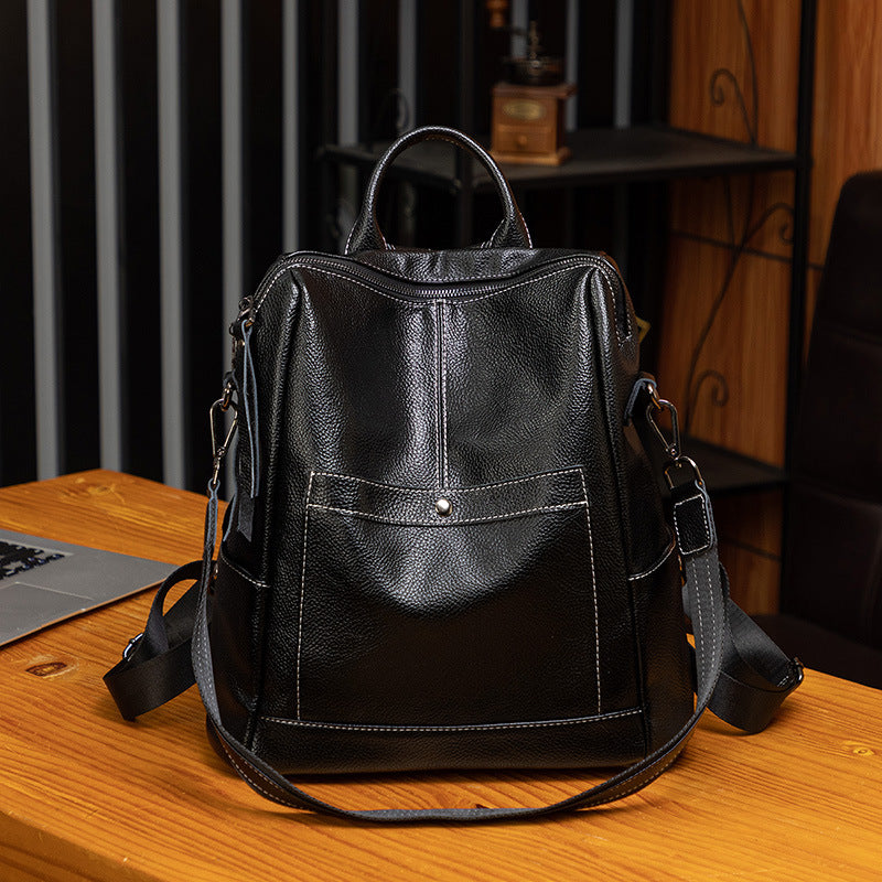 Women's Black Soft Leather Spring Versatile Large Capacity Bags