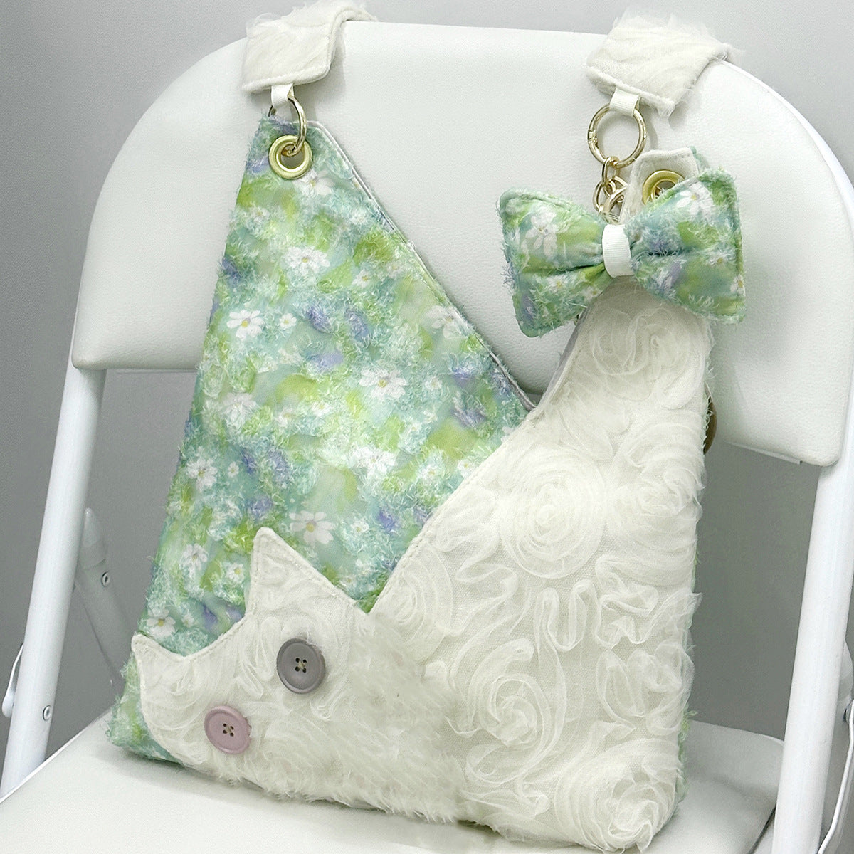 Women's Green Daisy Canvas Cute Cat Large Capacity Women's Shoulder Bag